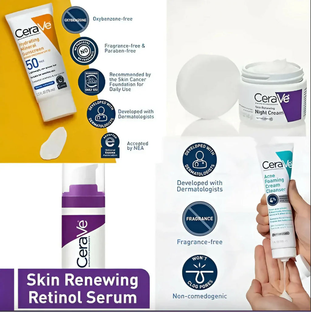 Cerave 4 In 1 Skincare Kit Night Cream, Sunblock, Cleanser & Serum, for Radiant Skin
